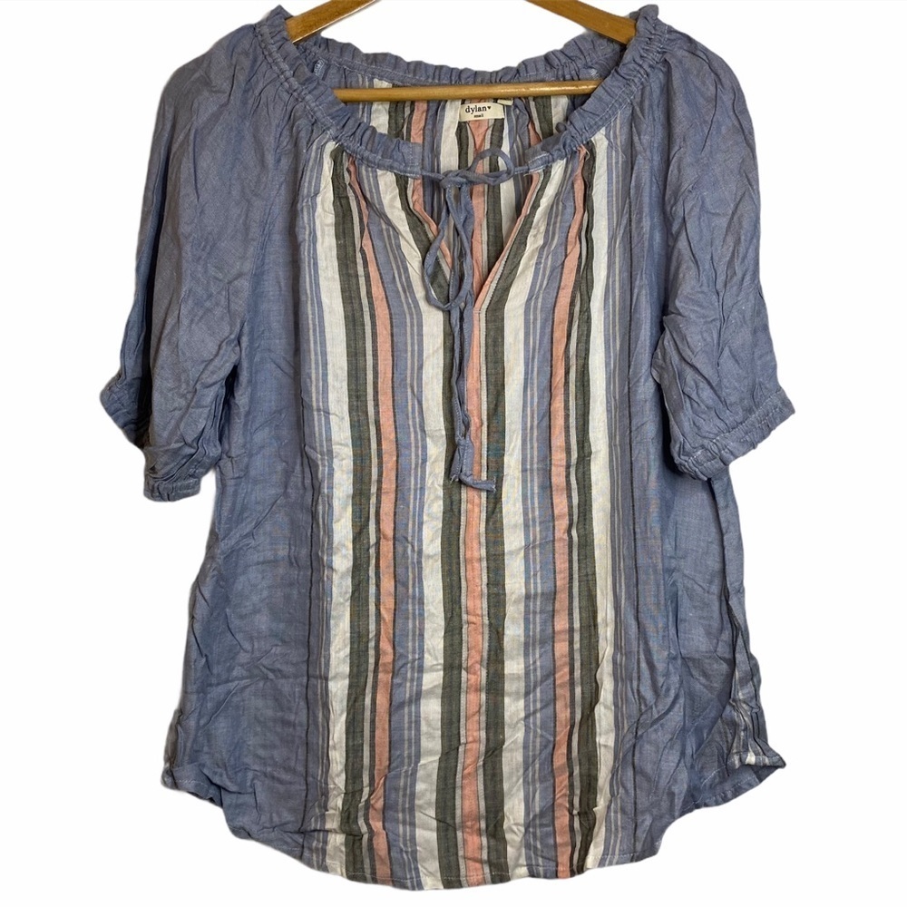 Dylan Boho Flowy Cotton Jean Striped Short Sleeve V Neck Ties Top Small S